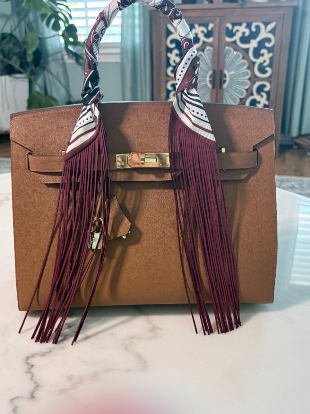 Burgundy Equestrian Purse Handbag Scarf with Fringe - Picture 7 of 10